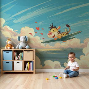 Tiger aviator mural wallpaper in bright nursery with white crib and blue sky theme by Kids-Mundo