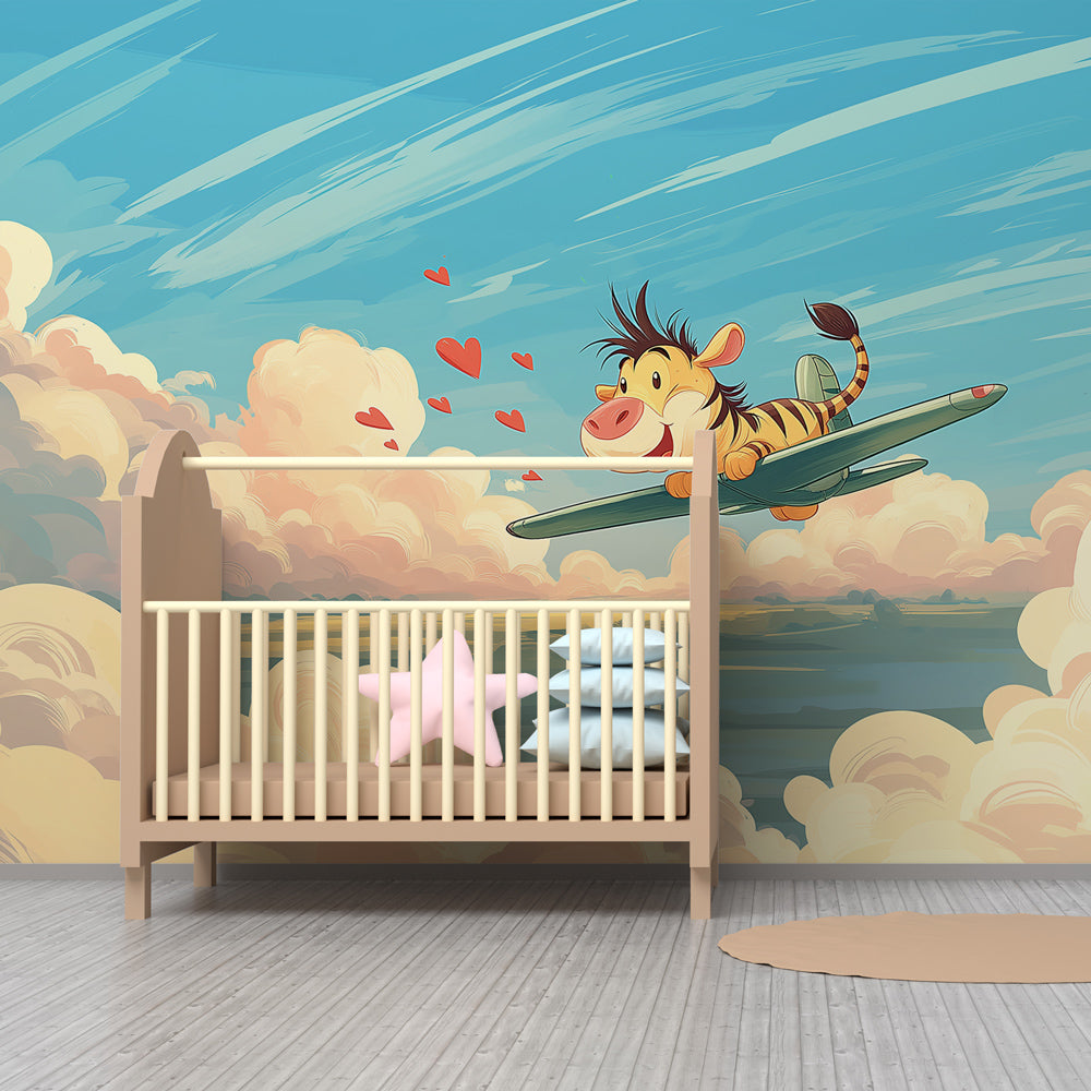 Sky adventure mural wallpaper with tiger pilot creating magical playroom atmosphere