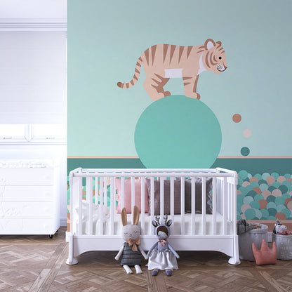 Kids-Mundo balancing tiger ball mural on a playful mint kids bedroom wall