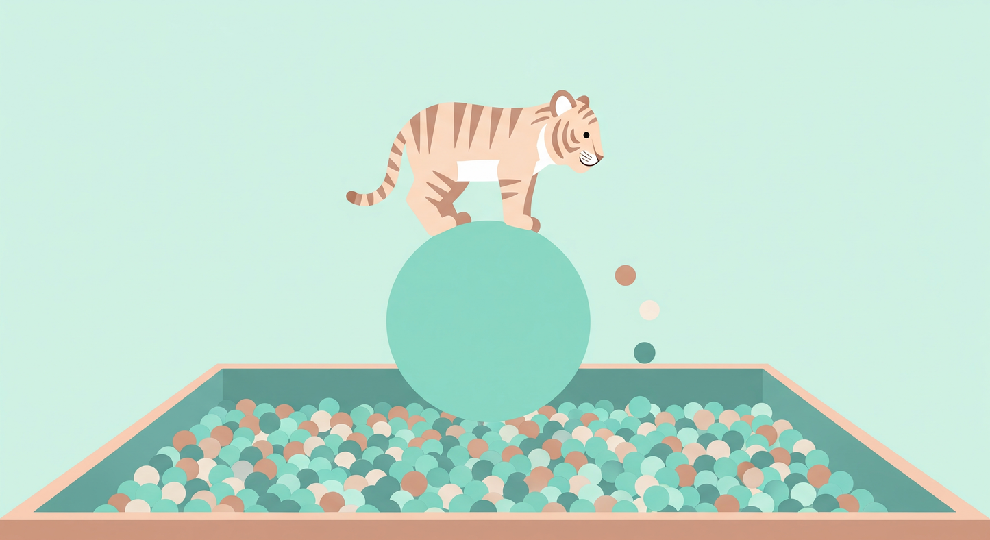 Kids-Mundo flat artwork of a tiger cub balancing on a ball above a ball pit