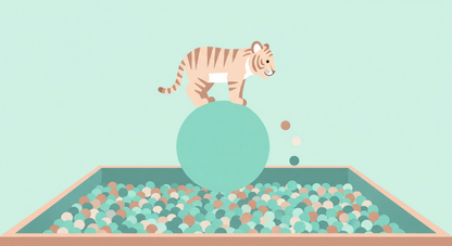 Kids-Mundo flat artwork of a tiger cub balancing on a ball above a ball pit