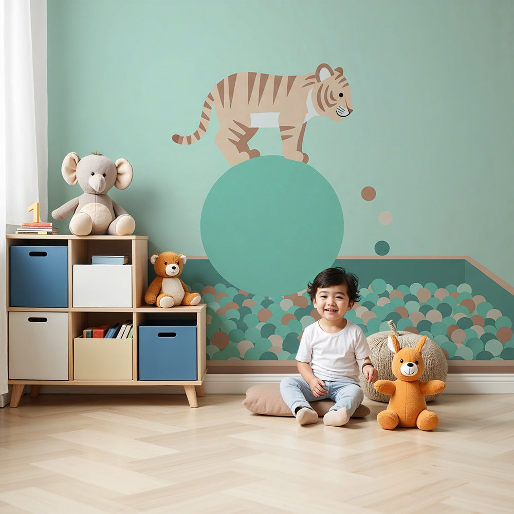 Kids-Mundo tiger balancing on a ball wall mural in a fresh mint baby nursery