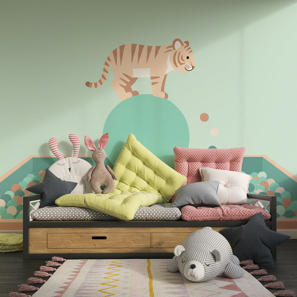 Kids-Mundo balancing tiger wall mural adding fun to a mint green playroom