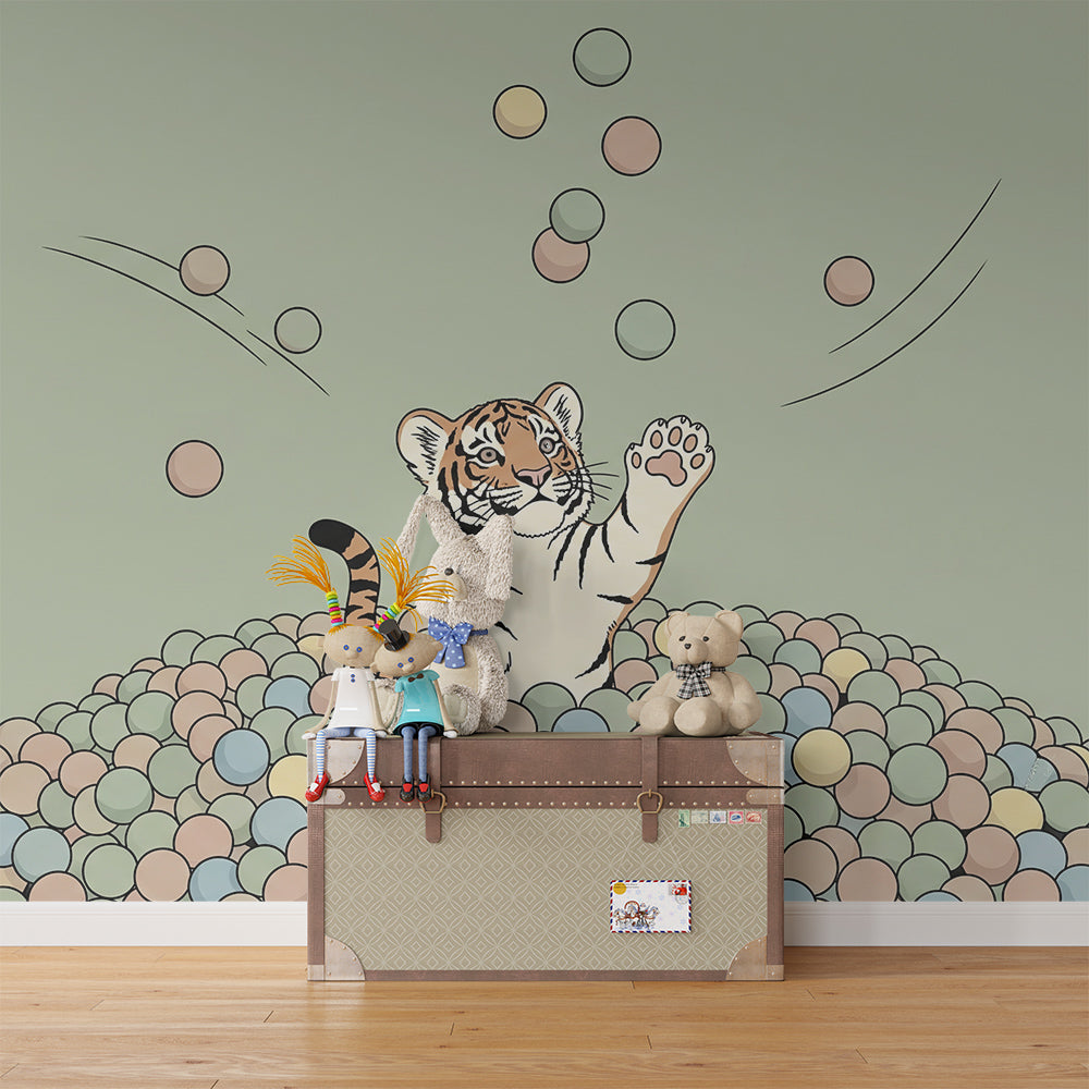 Kids-Mundo tiger among colourful balls mural on a fun kids bedroom wall