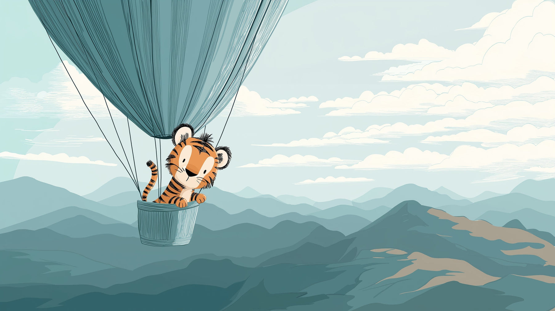 Detailed tiger hot air balloon mural wallpaper design pattern with clouds and mountains by Kids-Mundo