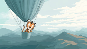 Detailed tiger hot air balloon mural wallpaper design pattern with clouds and mountains by Kids-Mundo