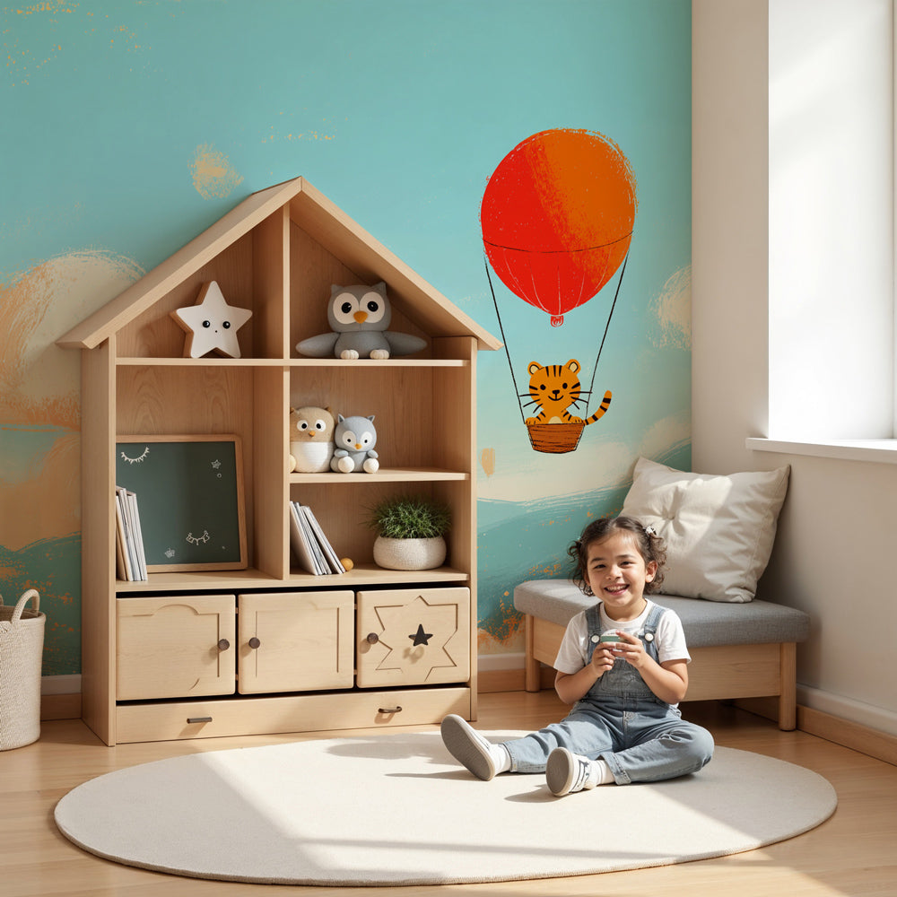 Tiger hot air balloon mural wallpaper in modern nursery room by Kids-Mundo