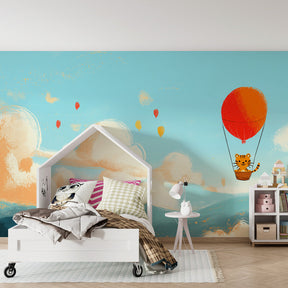 Colorful tiger balloon wallpaper transforming children's playroom into adventure space