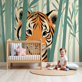 Tiger bamboo mural wallpaper creating wild safari atmosphere in modern kids bedroom by Kids-Mundo