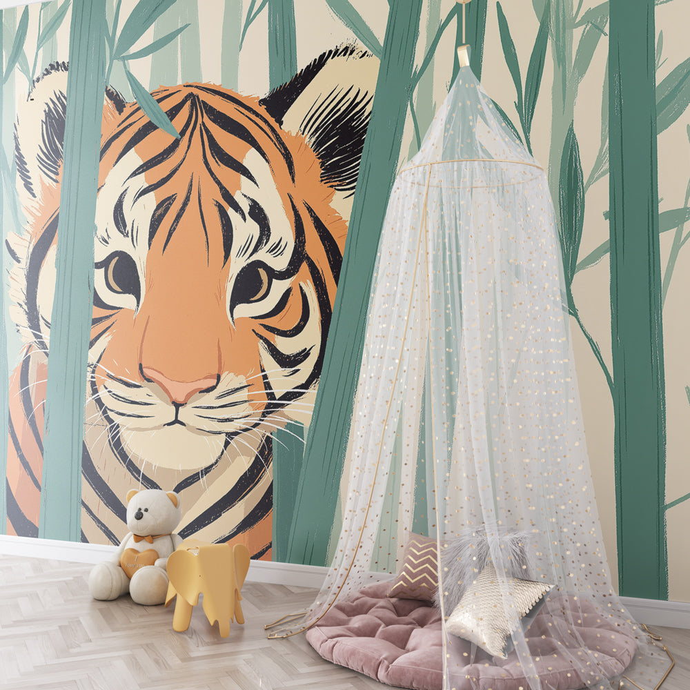 Safari tiger bamboo mural wallpaper inspiring adventure and imagination in kids playroom setting