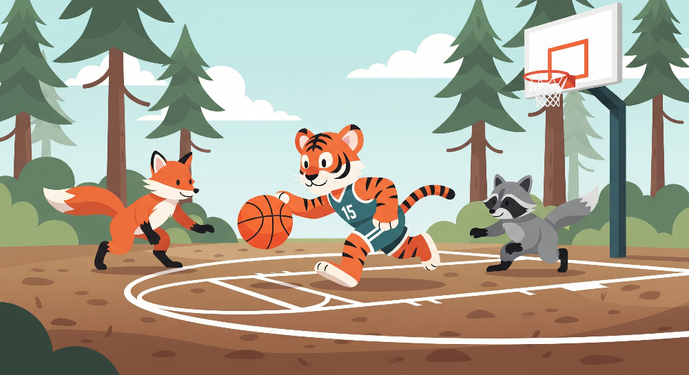 Kids-Mundo flat artwork of a tiger, fox and raccoon playing basketball on a forest court