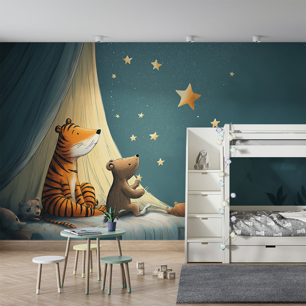 Kids-Mundo tiger and bear wall mural bringing a gentle bedtime story feel to a playroom.