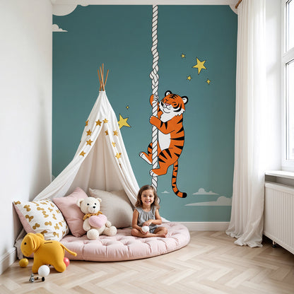 Kids-Mundo tiger and stars wall mural covering a feature wall in a kids bedroom