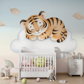 Dreamy tiger sleeping on cloud wallpaper in modern children's bedroom with soft lighting