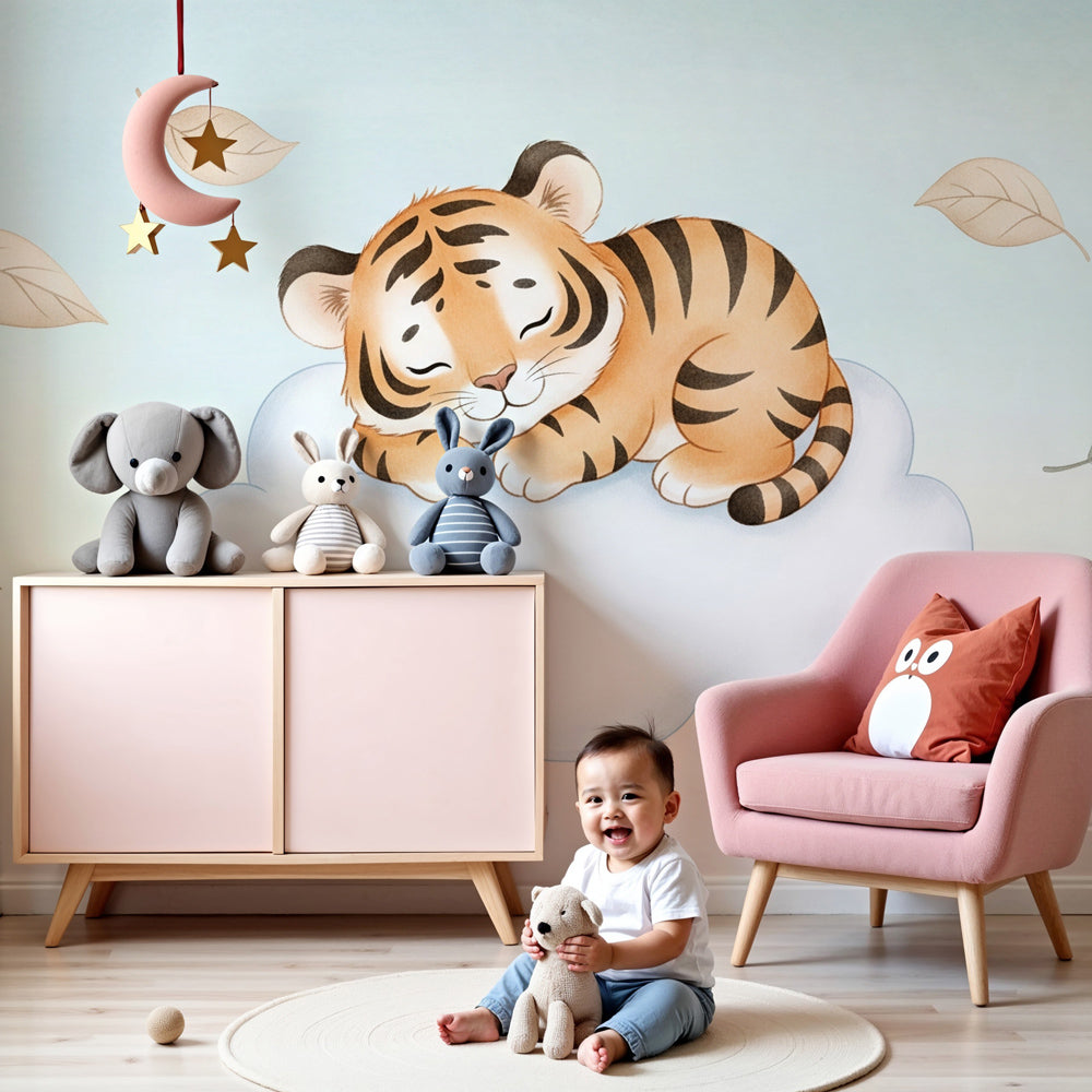 Tiger cloud mural wallpaper creating peaceful nursery atmosphere with natural wood crib by Kids-Mundo