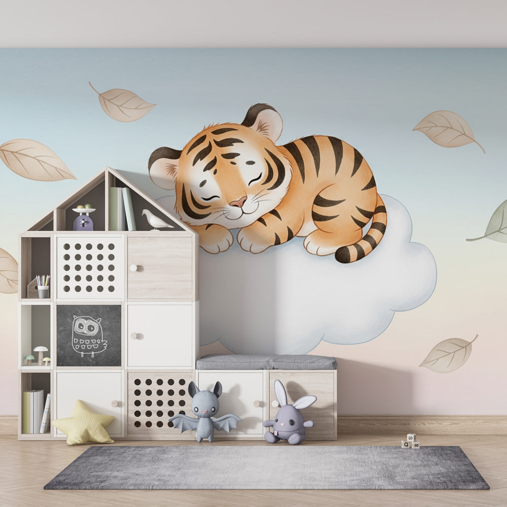 Calming tiger cloud wallpaper for toddler room creating serene sleep environment by Kids-Mundo