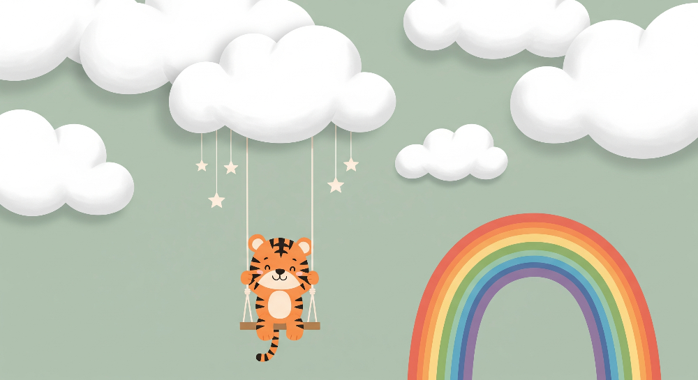 Kids-Mundo flat artwork of a tiger cub swinging from a cloud beside a soft rainbow