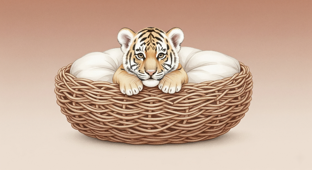 Kids-Mundo flat artwork of a sleepy tiger cub resting in a cosy woven basket nest