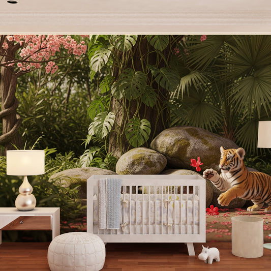Kids-Mundo playful tiger cub wall mural on a feature wall in a kids bedroom