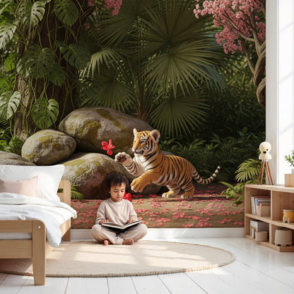 Kids-Mundo tiger cub wall mural with blossom trees styled in a cosy nursery room