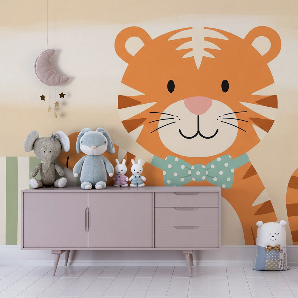 Kids-Mundo smiling tiger cub mural adding warmth to a cosy child's bedroom wall setting