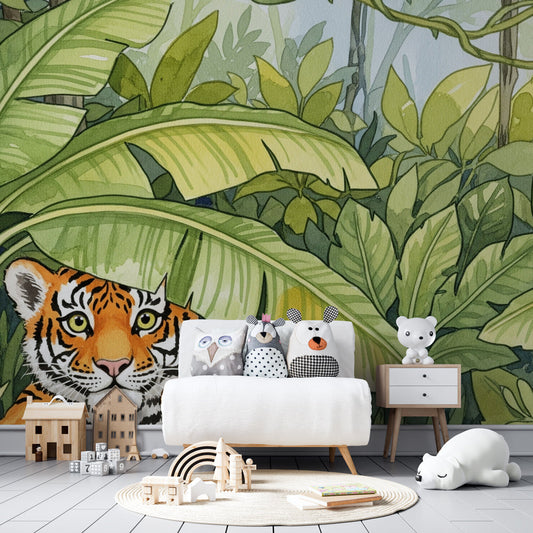 Kids-Mundo tiger cub jungle wall mural on a feature wall in a kids bedroom