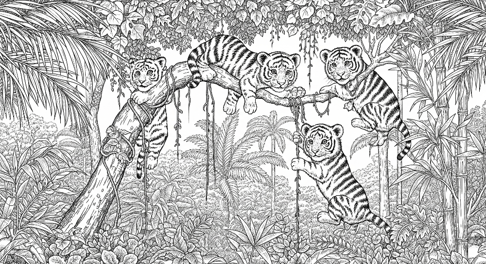 Kids-Mundo flat artwork of the white tiger cub jungle wall mural design in fine line art detail.