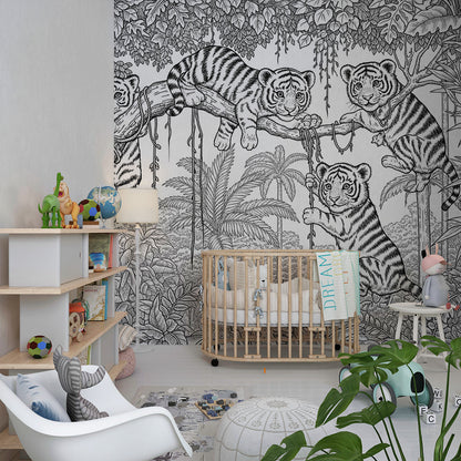 Kids-Mundo white tiger jungle wall mural brightening a playroom reading corner with cushions.