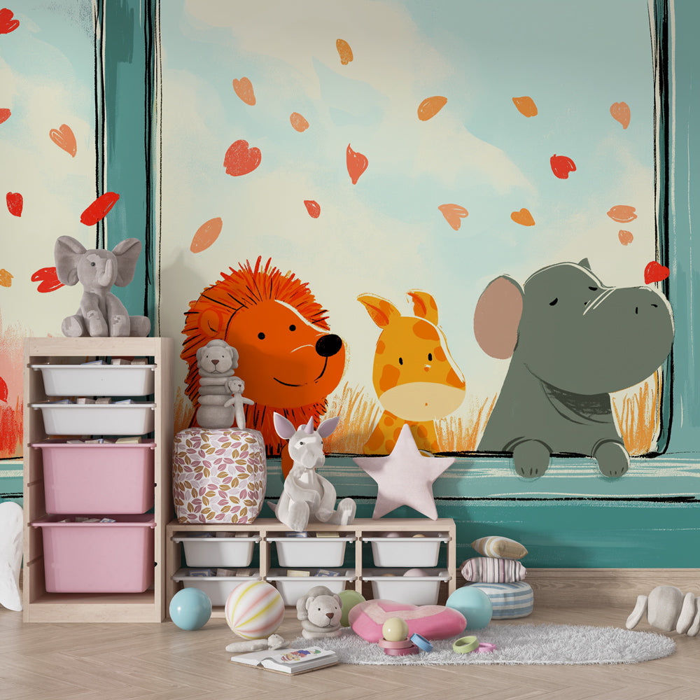 Animal-themed mural wallpaper transforming kids playroom with safari adventure theme