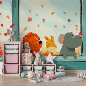 Animal-themed mural wallpaper transforming kids playroom with safari adventure theme