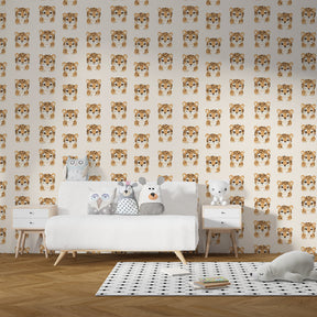 Adorable tiger mural wallpaper transforming kids playroom with gentle safari theme