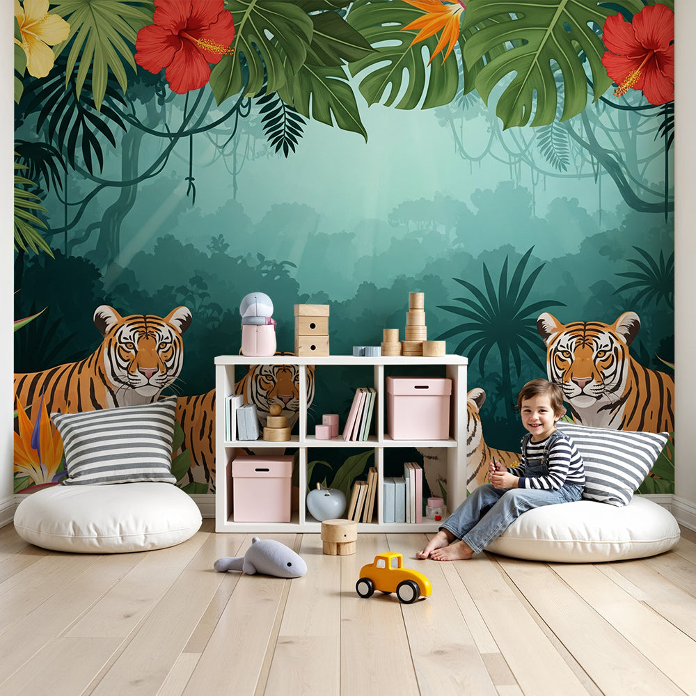 Tiger family wall mural by Kids-Mundo styled in a calm nursery with cot and soft furnishings.