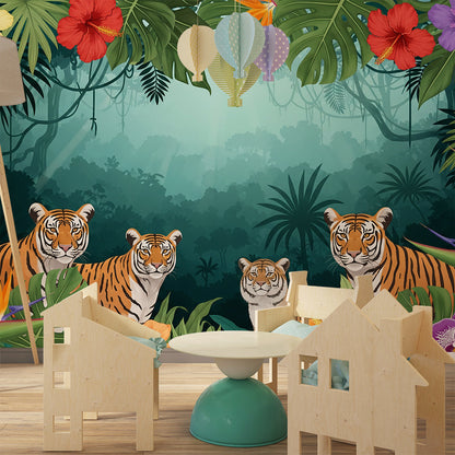Kids-Mundo made-to-measure tiger wall mural brightening a playful children's playroom wall.
