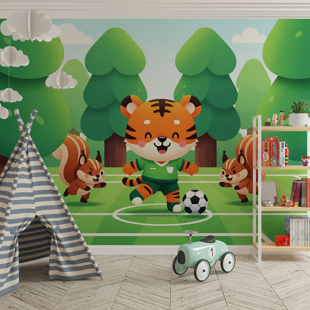 Kids-Mundo tiger footballer and squirrels wall mural covering a feature wall in a young football fan's bedroom.