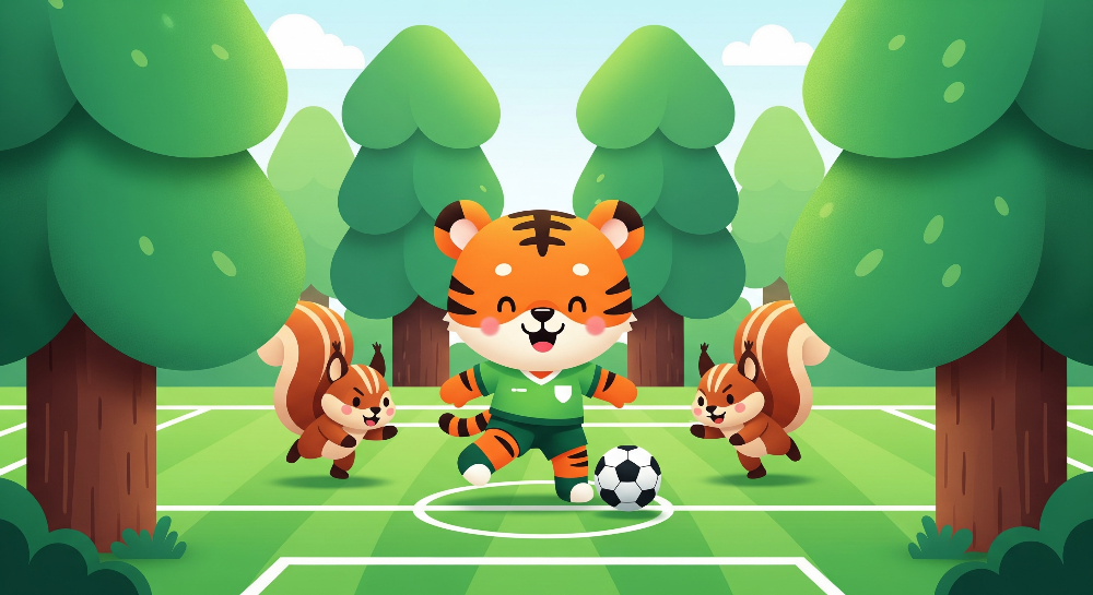 Flat artwork preview of the Kids-Mundo tiger footballer wall mural with squirrels cheering in a forest clearing.