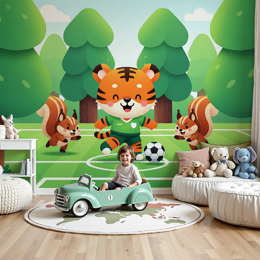 Kids-Mundo tiger footballer wall mural with cheering squirrels installed above a cot in a green nursery room.