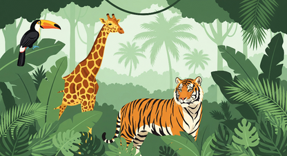 Kids-Mundo flat artwork of a jungle scene with a tiger, giraffe and toucan among palm trees