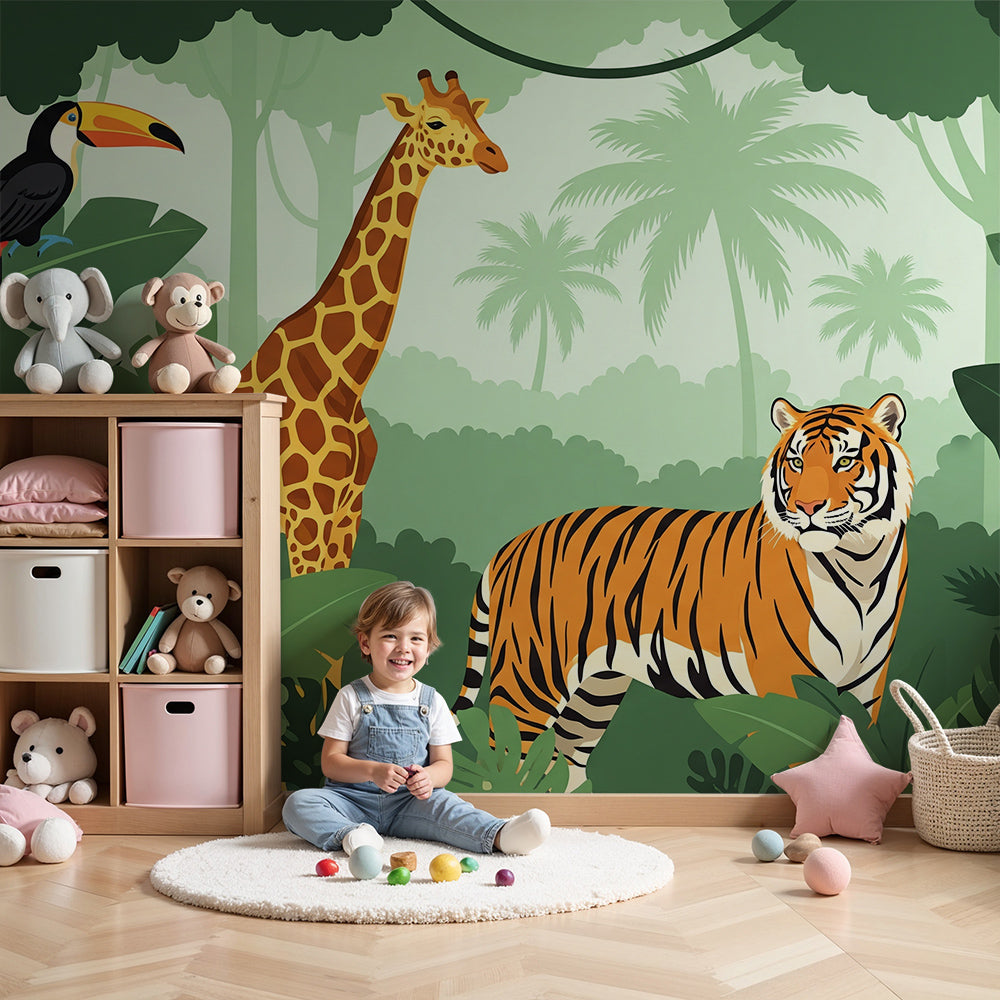 Kids-Mundo tiger, giraffe and toucan jungle wall mural in a bright safari-themed nursery