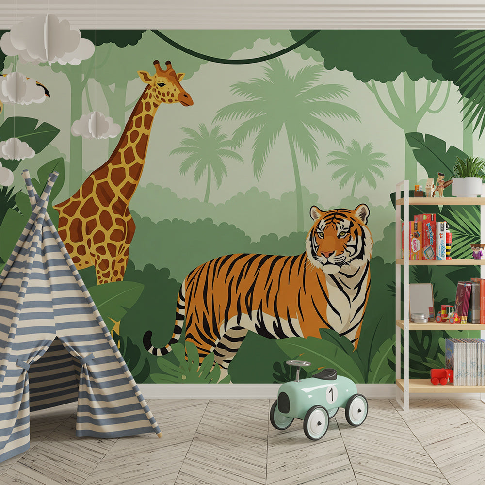 Kids-Mundo tiger and giraffe jungle mural bringing colour to a playroom wall