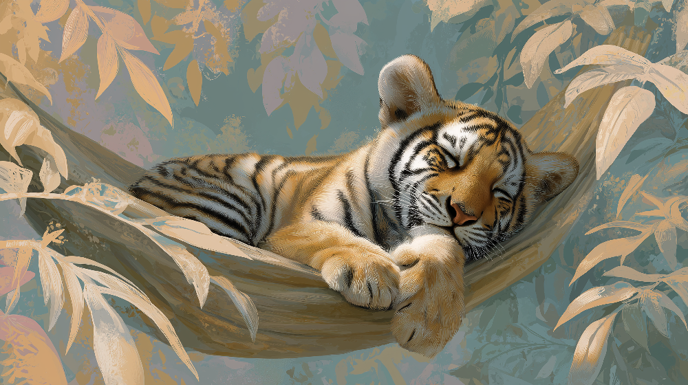 Kids-Mundo flat artwork of a sleeping tiger cub curled up in a jungle hammock