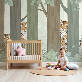 Tiger jungle mural wallpaper creating adventurous atmosphere in modern kids bedroom by Kids-Mundo