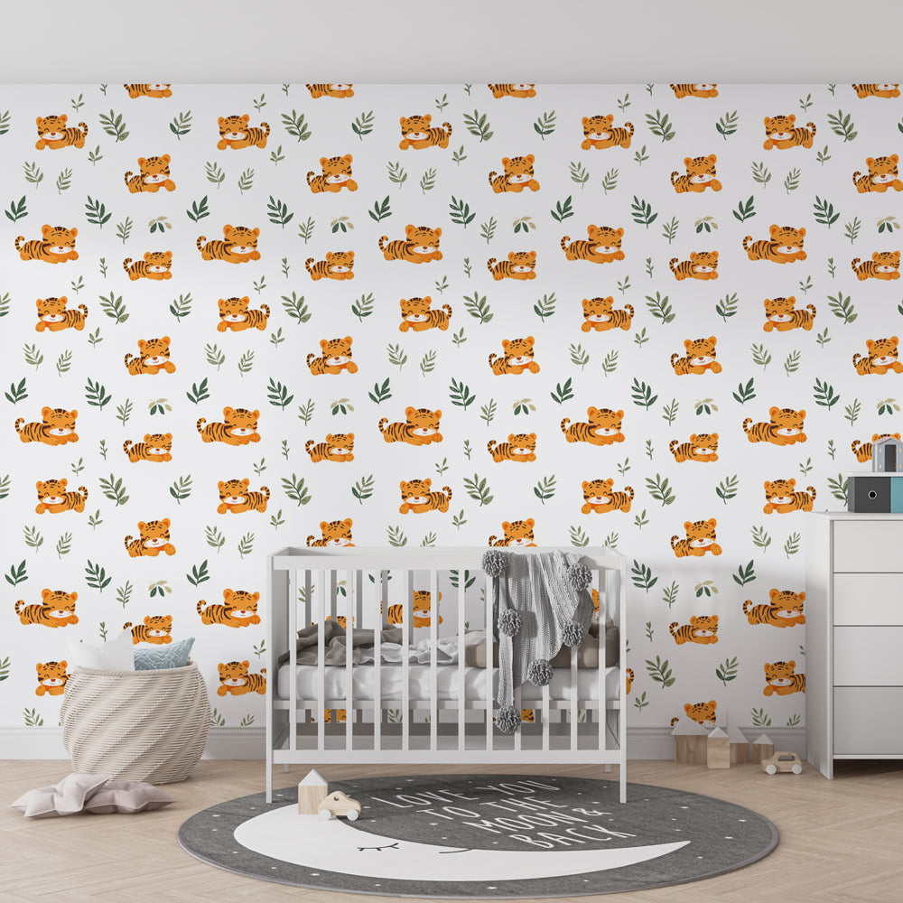 Playful tiger and foliage mural wallpaper in modern kids bedroom setting