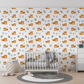 Playful tiger and foliage mural wallpaper in modern kids bedroom setting