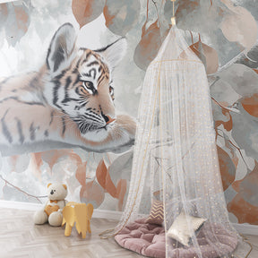 Young tiger safari wallpaper creating adventurous kids bedroom decor with tropical foliage