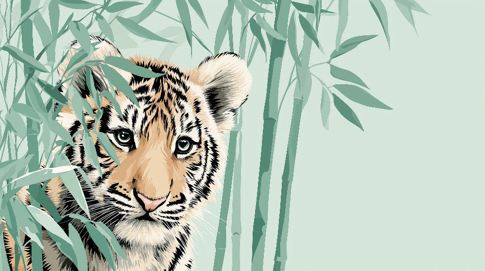 Detailed tiger cub in bamboo forest mural wallpaper design pattern by Kids-Mundo