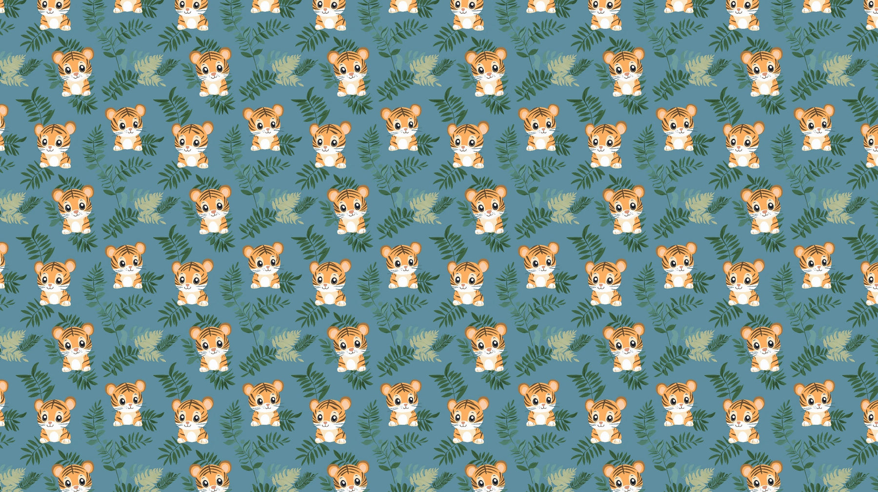 Detailed tiger jungle mural wallpaper design pattern showing cute animals and foliage by Kids-Mundo