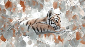Detailed tiger jungle mural wallpaper design pattern showing young cub among tropical leaves