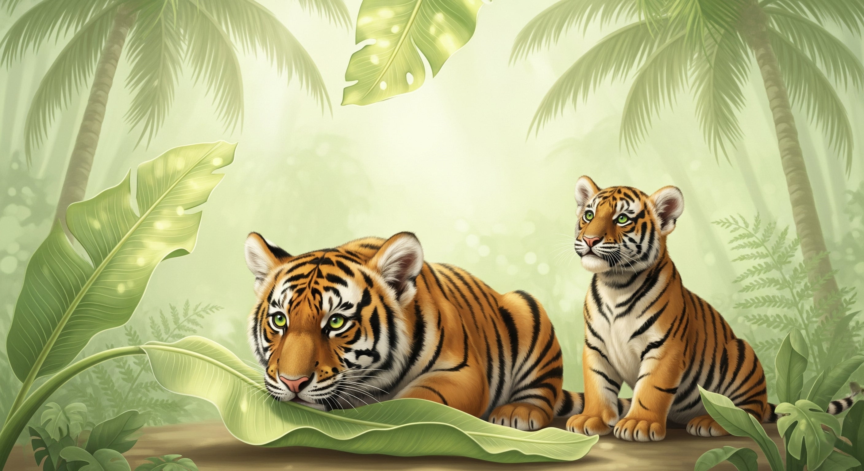 Detailed tiger jungle mural wallpaper design pattern with tropical foliage by Kids-Mundo