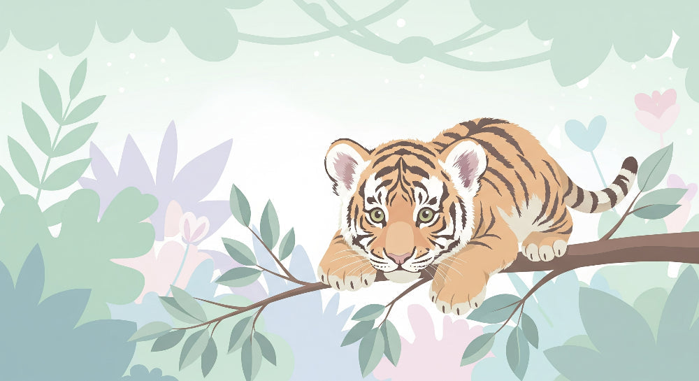 Detailed tiger cub jungle mural wallpaper design pattern with tropical foliage by Kids-Mundo
