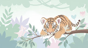 Detailed tiger cub jungle mural wallpaper design pattern with tropical foliage by Kids-Mundo